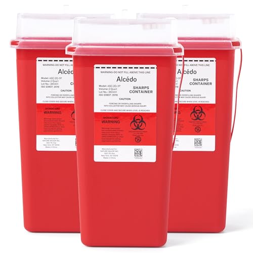 Image of Alcedo Sharps Container for Home Use 2 Quart (3-Pack) | Biohazard Needle and Syringe Disposal | Small Portable Container for Travel and Professional Use