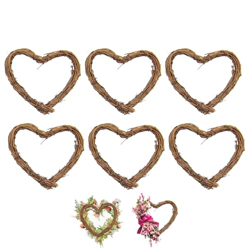 TUKEVA 6 PCS Rotin Coeur Couronnes Artisanale Couronne de Noël Couronne en Osier Romantique Coeur Couronnes De Rotin Rétro pour Porte D'entrée Fête...