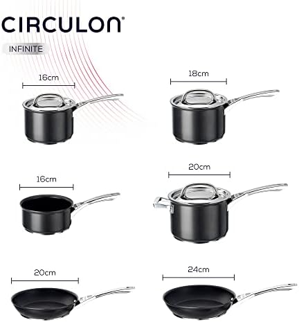 Circulon Infinite Induction Hob Pan Set - 6 Piece Non Stick Pots and Pans Set with Stainless Steel Lids & Handles, Premium Dishwasher Safe Cookware, Black