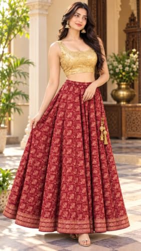 Image of Women's Ethnic Printed Flared Lehenga Skirt with Golden Tassels | Traditional