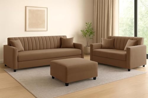 Image of 3+2 Fabric Sofa Set with Ottoman for Living Room | Modern 5-Seater Sofa Couch | with Soft Cushion, Premium Velvet Fabric - Golden Color