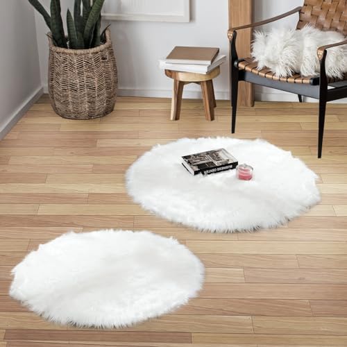 HYSEAS 2 Pack Faux Sheepskin Fur Area Rug, White 3x3 Feet Round Fluffy Soft Fuzzy Plush Shaggy Carpet Throw Rug for Indoor Floor, Sofa, Chair, Bedroom, Living Room, Home Decoration