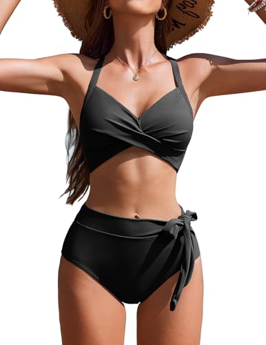 AI'MAGE Womens High Waisted Bikini Sets Tummy Control Swimsuits Two Piece Swim Suits 2025 Crisscross Tie Back Bathing Suits
