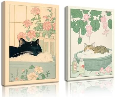Japanese Cat Bathroom Wall Art Set of 2 Funny Black Cat in Bathtu...