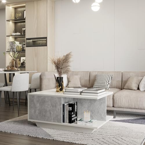 Dafi Furniture DF Table Basse de Salon, Moderne Table Salon avec Un Compartiment de Rangement Pratique, Finition de Plateau Blanc Brillant (Gloss Beton)