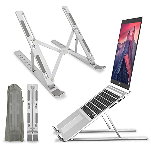 powerking Foldable Laptop Stand, Adjustable Computer Holder Stand, Portable Notebook Stand, Compatible with MacBook Air Pro, HP, Lenovo, Dell, More 10-15.6” Laptops and Tablets, Silver