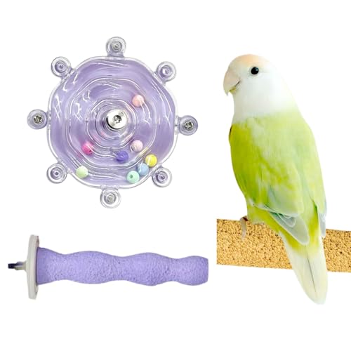 Bird Toys Stand Perch Set: Interactive Wheel & Standing for Chew Beak Paw Grinding Exercise - Small Medium Parakeets Parrots Cockatiels Conures Budgies Lovebirds Finches Cage Accessories (02 Purple)