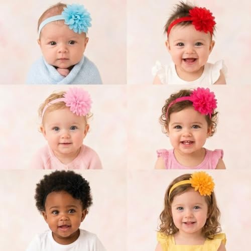 Image of Babymoon Set of 6 | Plain Flowers Soft Synthetic Hairbands for Baby Girls, Infants and Toddlers Headbands | Multi