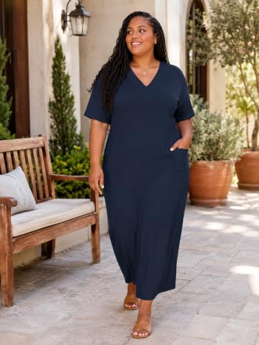 Image of Plus Size Maxi Dress for Women Short Sleeve V Neck Casual Loose Sundress with Pockets