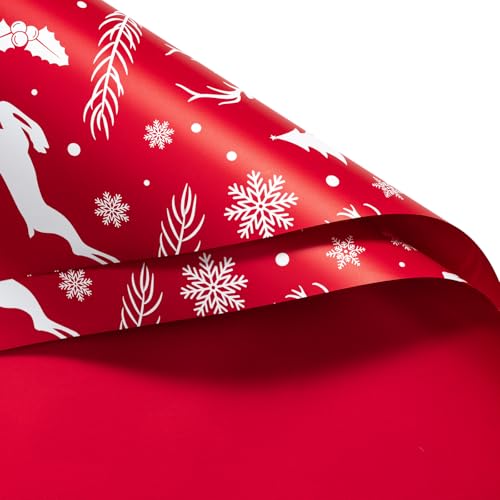 Ruspepa 20 Sheets Christmas Flower Wrapping Paper, Red With White Reindeer, Snowflakes And Pine Design, Waterproof Floral Bouquet Wrapping Paper - Florist Supplies Packaging For Holiday, Diy Crafts