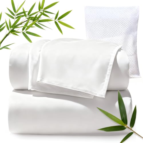 TWK Genuine 100% Viscose Derived from Natural Bamboo Bed Sheets Set,Cooling & Silky Soft Bed Sheets,Deep Pocket Up to 18',with a Laundry Bag (White, Queen)