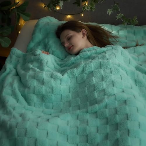 NEWCOSPLAY Super Soft Queen Blanket Aqua Premium Silky Flannel Fleece 3D Checkered Lightweight Bed Blanket All Season Use (Aqua Checkered, Queen(90"x90"))