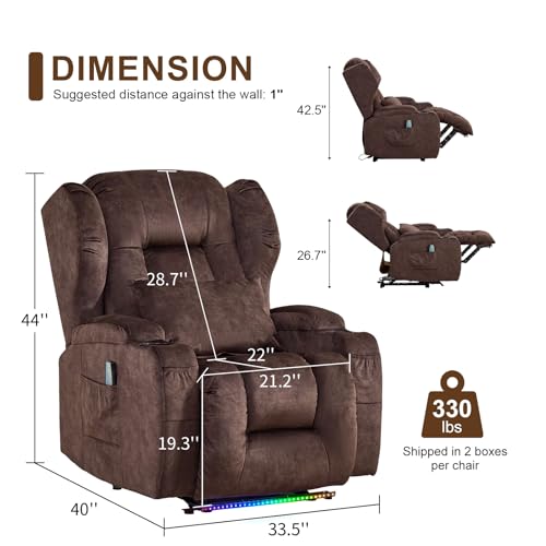 Image of DRMBOOK Power Recliner Chair, Electric Wall Hugger Reclining Sofa with Massage & Heat, Overstuffed Theater Seating with LED /USB Port /Cup Holders for Living Room (Velvet Brown, 1 Chair)