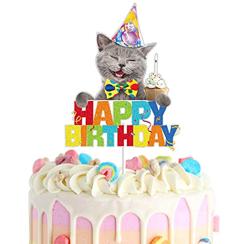 Cat Cartoon Happy Birthday Cake Topper Black Glitter for Pet ...