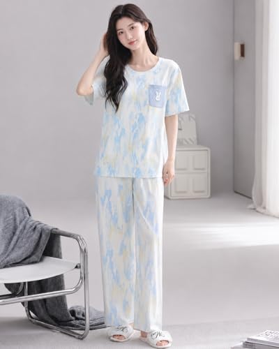 Image of Celary Korean Women's Pyjama Set|Half Sleeve T-Shirt & Printed Pyjama Set for Women|Size:- M to 4XL|Soft Cotton Blend Comfortable Night Suit for Women
