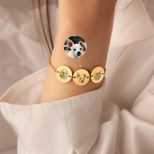 Anavia Personalized 1/2/3 Disc Pet Portrait Bracelet, Handmade Pet Memorial Photo Engraved Jewelry Gift, Glossy Stainless Steel Multiple Round Disc Chain Bracelet for Dog Cat Small Animal Lovers3