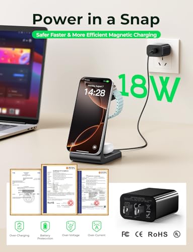 3 in 1 Wireless Charging Station for Apple Mag Safe Charger, 15W Fast Mag-Safe Charger Stand Compatible with iPhone 17 16 15 14 13 12, Apple Watch Charger & Airpods, Gifts for Wife & Husband, Black image 5
