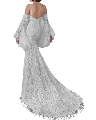Boho Wedding Dess with Detachable Sleeves Lace Mermaid Sweetheart Spaghetti Straps Beach Bridal Gown WD063