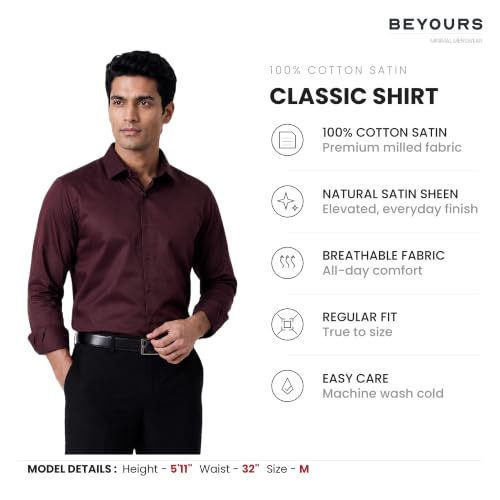 Image of BEYOURS Men's Full Sleeve Shirt Regular Fit Spread Collar 100% Cotton Satin Office & Formal.