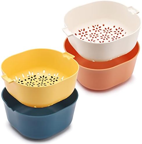 MASJENBU 2 Pack 2.5 Quart Colander Strainer bowl Set, Sturdy Salad Mixing Bowl With Kitchen Colander for Pasta, Vegetable, Fruits, Berry, Noodle, Meat, BPA Free, Dishwasher Safe, Orange+Blue