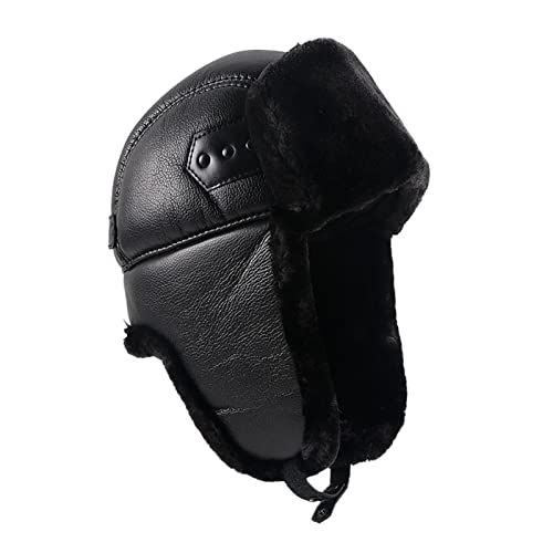 FENOKD Bomber Hats Winter Hat with Earflaps Bomber Hats Black Leather Men's Caps Outdoor Snow Earflap Hat Warm (Black XL(59A60Cm))?Black-XL(59a60CM)