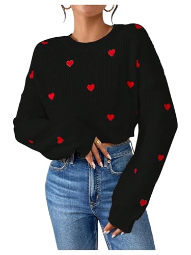 Verdusa Women's Heart Embroidery Cute Sweaters Cozy Knit Tops Spring Pullovers Festival Outfits Black Large