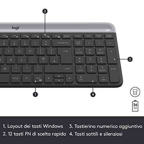 Logitech MK470 Kit Mouse e Tastiera Wireless per Windows, Ricevitore USB Unifying 2.4 GHz, ‎Sottile, Compatto, Silenzioso, Batteria Lunga Durata, PC/Laptop, Layout Italiano QWERTY, ‎Grigio