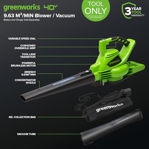 Greenworks GD40BV Cordless Leaf Blow Vac with Brushless Motor, 280km/h, 9.63m³/min, 45L Mulching Bag WITHOUT 40V Battery & Charger, 3 Year Guarantee