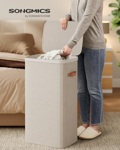 Image of SONGMICS Laundry Basket, 26.4 Gal. Laundry Hamper, Easy Assembly, with Lid and Handles, Removable Liner, 16.5 x 12.6 x 29.5 Inches, Cappuccino Beige ULCB811LH01