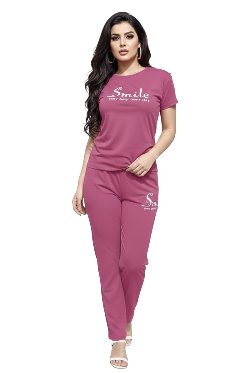 Taksh Women's Letter Print Casual Lounge Set, Short Sleeve Round Neck Top & Jogger Pants, Comfortable Relaxed Fit | Nightwear Set | Co-ord Set-picture-10