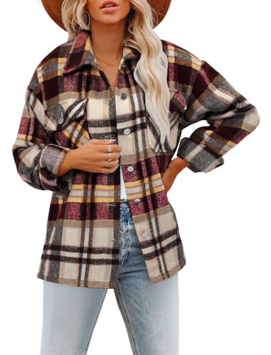 Magritta Plaid Wine Red Shirts for Women Classic Warm Button Down Jackets Blouses Oversized Flannel...