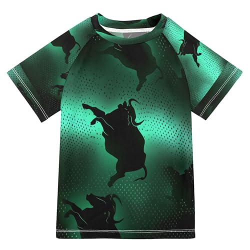 Boys Short Sleeve T-Shirts Funny Ox Animal Green Rashguard Kids Swim Shirts Sun UPF 50+