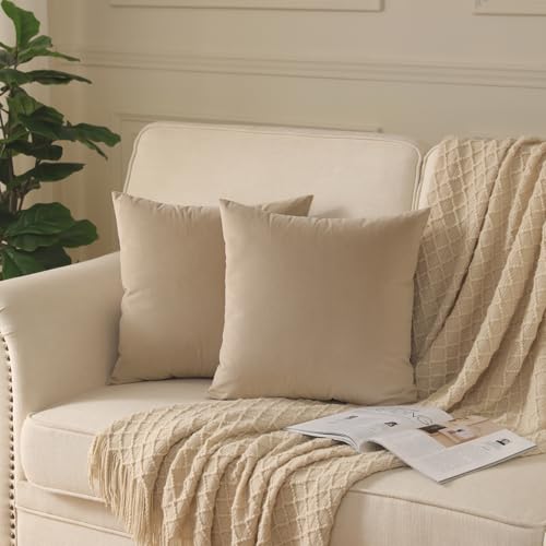 Image of Set of 2 Decorative Velvet Throw Pillow Covers for Couch and Bed - 14 inchx14 inch, Oatmeal