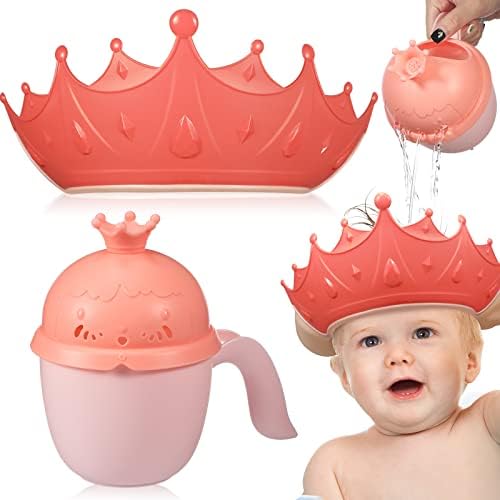 Baby Shower Cap Adjustable Silicone Crown Shampoo Bath Cap Visor Cap with Baby Shampoo Rinse Cup Cute Baby Bath Rinse Cup Protecting Eye Ear for Infants Toddlers Kids Children (Pink)