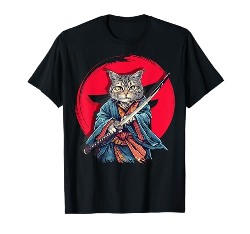Simpatico gatto samurai adorabile guerriero felino con spada samurai Maglietta