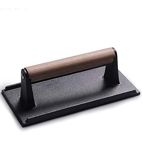 qiuqiu Cast Iron Steak Weight-Wooden Handle Bacon Press-8.2" X 4.3" Heavy Barbecue Press Commercial Grade Burger/Panini Press Cover