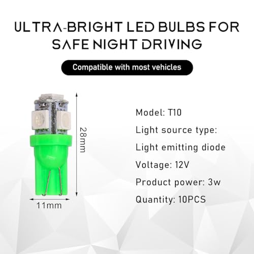 Bombilla LED T10 para auto 10 piezas, luz interior verde miniatura 2