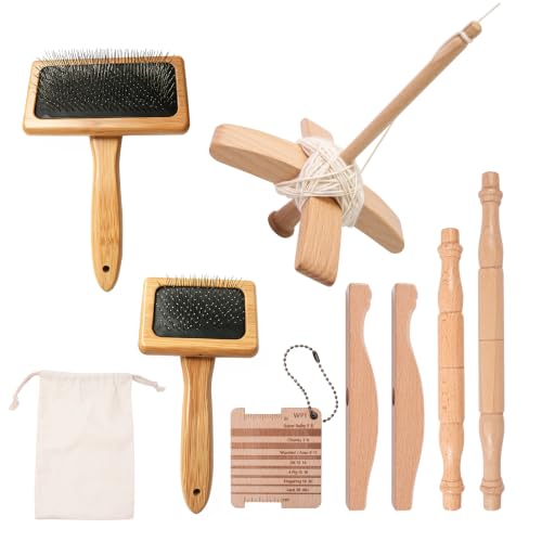 Wollkardierer-Set mit Holztropfenspindel und Garnständer