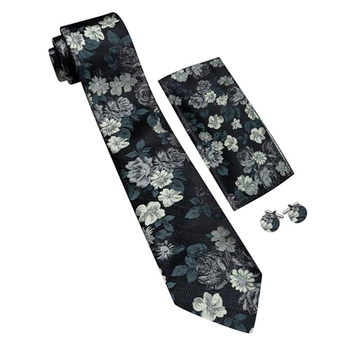 Image of Barry.Wang Flower Ties for Men Handkerchief Cufflinks Set Wedding Necktie Set Party