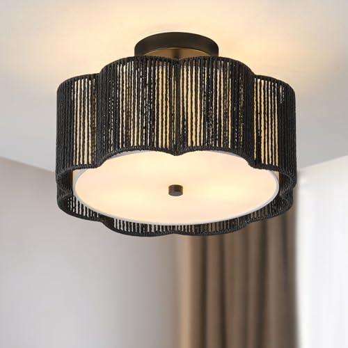 Rattan Ceiling Light Fixtures Flush Mount,3-Light Boho Light Fixtures Ceiling Mount for Bedroom,Close to Ceiling Light Modern Rattan Chandelier Lighting for Hallway Kitchen Dining Room(Black)