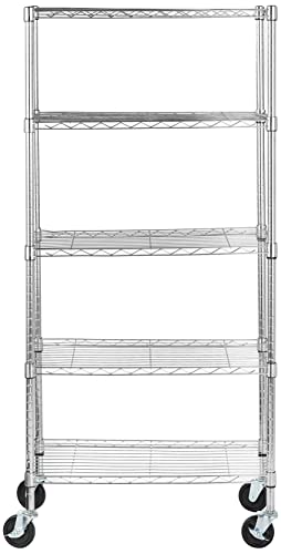 Amazon Basics 5-Shelf Adjustable, Heavy Duty Storage Shelving Unit On 4'' Wheel Casters, Metal Organizer Wire Rack, Chrome, 30" L X 14" W X 64.8" H #TOP3