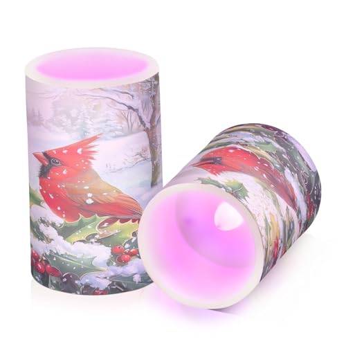Image of Flickering Flameless Candles, Red Cardinals Holly Christmas LED Candles with Remote Timer, Set of 2 Battery Operated Candle for Valentine Wedding Birthday