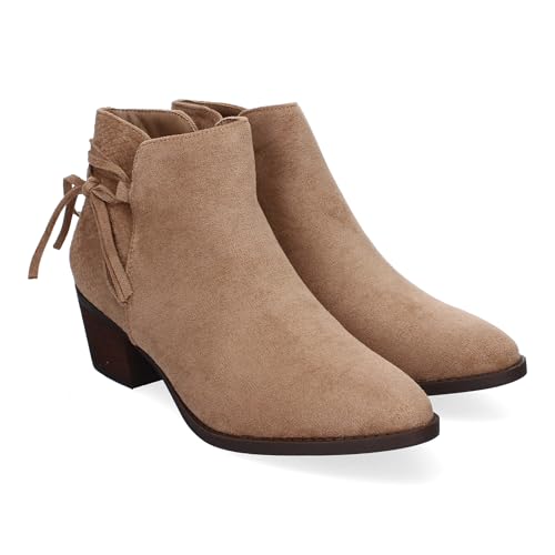 shoes&blues.es 86653 Botines de Tacon para Mujer, Comodos y Elegantes con Detalle de Flecos, Punta Redonda y Cierre de Cremallera Lateral, Ideales para Otono-Invierno. Kaki Talla 39