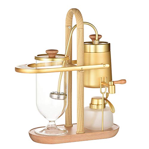 BelgianBelgium Luxury Royal Balance Syphon Coffee and Tea Maker Great Siphon Coffee Tea Brewer Elegant Wood Texture Fulcrum Natural Wood Base Lid Knob Model Space X Aureate Golden