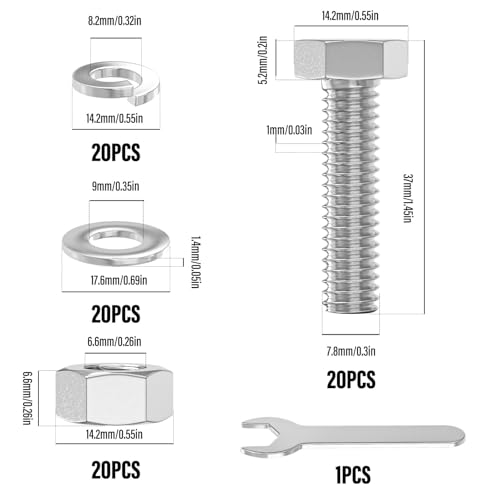 Image of 20PCS 5 /16-18 x 1-1 /4 inch 304 Stainless Steel External Hex Bolt, Fully Threaded Bolt with Nut Flat & Lock Washers and Spanner