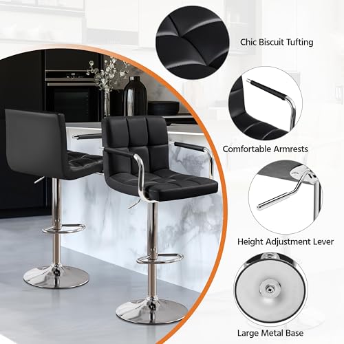 Yaheetech Bar Stools Set of 2, PU Leather Height Adjustable Swivel Barstools, Hydraulic Kitchen Counter Height Bar Chairs with Armrest and Back for Kitchen, Dining Room, Black - view 3