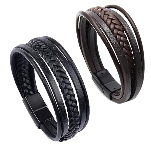 CAILI Braccialetti da Uomo,Bracciale Uomo Pelle,Braccialetto in Pelle da Uomo Multistrato Intrecciato a Mano,Ottima Idea Regalo per Fidanzato,Padre,Miglior Uomo,Marito (2 Pezzi,Nero,Marrone)