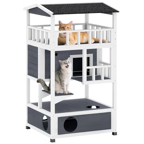Pawhut - Casa per gatti con toilette, 4 ripiani, per gatti con balcone, con scale, tetto per asfalto in legno massiccio, grigio, 78 x 76 x 140 cm