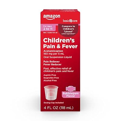 Amazon Basic Care Children's Pain Reliever and Fever Reducer, Acetaminophen 160 mg per 5 ml, Bubblegum Flavor, for Headache and Sore Throat, Ages 2-11 Years, 4 fl oz