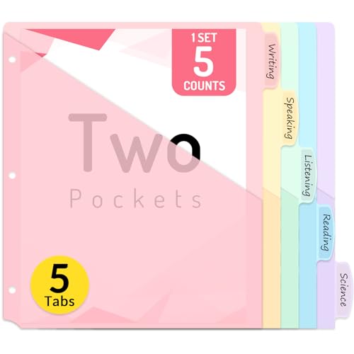 Forvencer 5 Count Dividers with Pockets, 5 Tabs Dividers for 3 Ring Binder with Pockets, Subject Divider with Pocket, Premium Quality Notebook Divider with Pocket, Pink, 1 Set